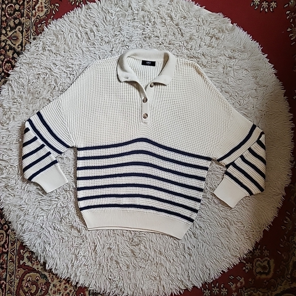 Able Knit Pullover Sweater Quarter Button Up Collared Stripes - XL Extra Large